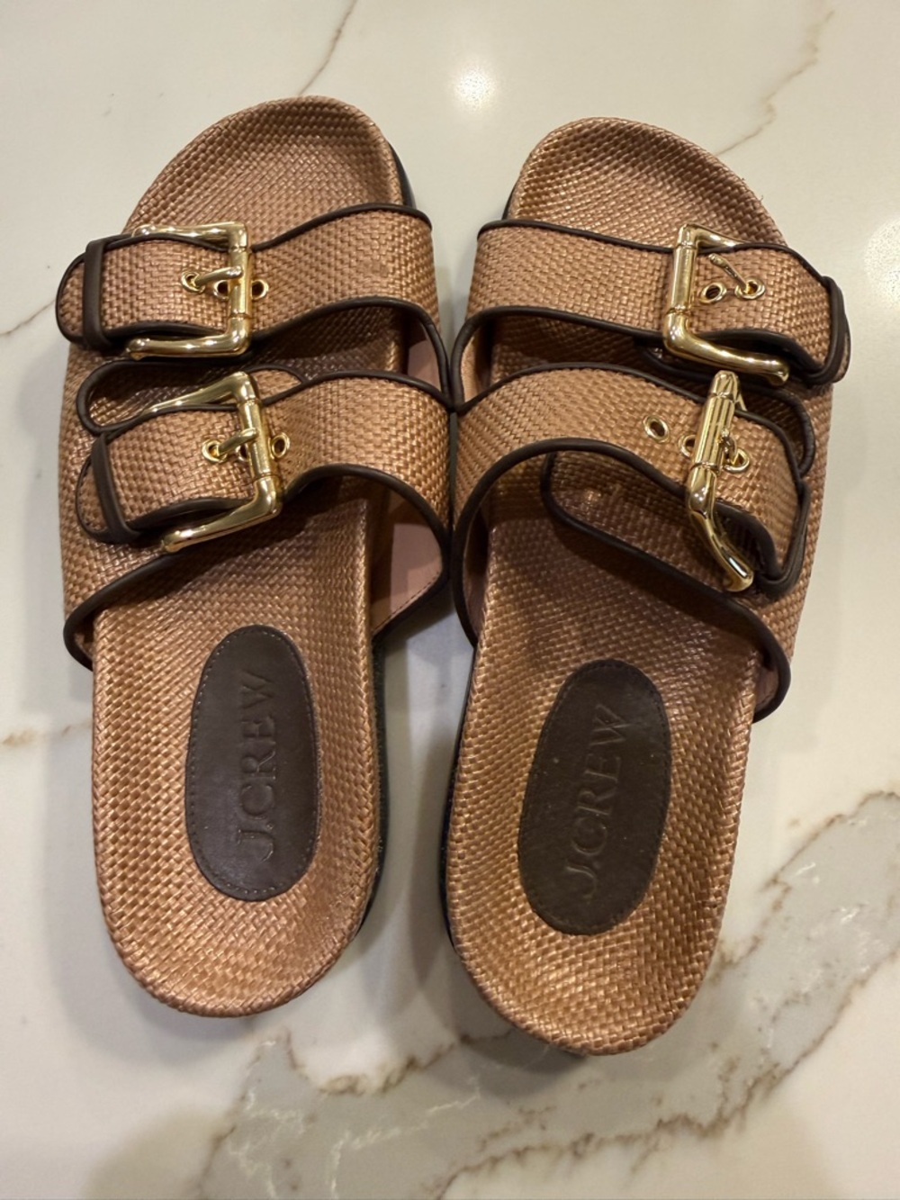 J. Crew Tan Double-Buckle Slide Sandals with Gold Hardware